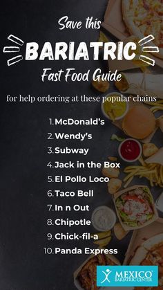 Eating on the run is sometimes unavoidable and can quickly become a problem for bariatric patients. Save this guide for future use to pick the healthiest options when eating out. Soft Foods For Bariatric Patients, Bariatric Shopping List Walmart, Bariatric Friendly Family Meals, Bariatric Eating Out, Bariatric Friendly Restaurants, Soft Bariatric Recipes, Bariatric Friendly Fast Food, Bariatric Reset Diet, Bariatric Grocery List