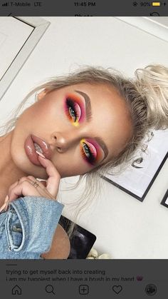 Pink Orange Yellow Eye Makeup, Orange And Red Eyeshadow Looks, Yellow Pink Makeup, Pink And Yellow Eyeshadow Looks, Pink And Yellow Makeup Looks, Orange Make Up Looks, Red Yellow Makeup, Pink And Orange Eyeshadow Looks, Vibrant Eyeshadow Looks