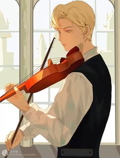 a man holding a violin in his right hand and looking at the other side while standing next to a window