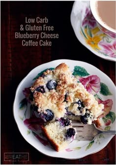 low carb and gluten free blueberry cheese coffee cake on a plate with a fork