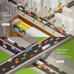 an illustrated city with cars and trucks on the road