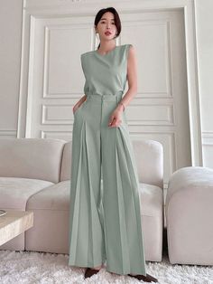 2pcs Solid Color Round Neck Sleeveless Blouse With Side Slits And Wide Leg Pants Set Green Casual,Elegant    Plain  Slight Stretch Summer Women Clothing, size features are:Bust: ,Length: ,Sleeve Length: Wide Leg Pant Suit, Pantalon Large, Loose Pants, Casual Sets, Kids Beachwear, Two Piece Outfit, Wide Leg Trousers, Sleeveless Blouse, Women Clothes Sale