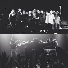 black and white photos of people at a concert with their hands up in the air