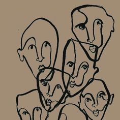 a black and white drawing of people with faces