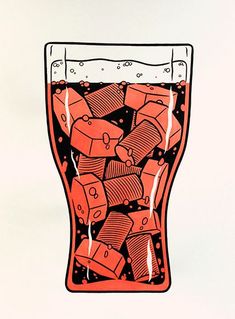 an orange and black drawing of a beer glass filled with diced up cubes