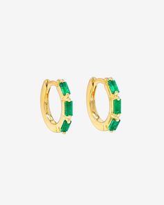 Suzanne Kalan Bold Triple Emerald Huggies in 18K yellow gold Green Huggie Earrings With Prong Setting, Gold Emerald Huggie Earrings, Yellow Gold Emerald Huggie Earrings, Green Gemstone Huggie Earrings, Elegant Emerald Huggie Hoop Earrings, Emerald Huggie Earrings For May Birthstone, Outfit Comfortable, Color Swatches, Everyday Style