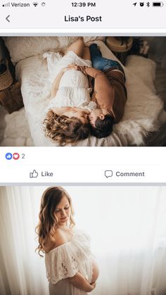 two photos of a pregnant woman laying on top of a bed next to a window