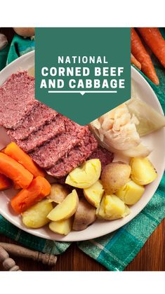 the national corned beef and cabbage meal is on a plate with carrots, potatoes, celery