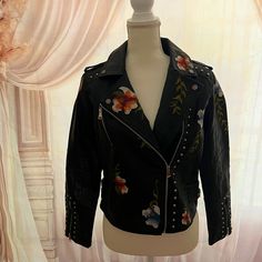 Super Cute Nwot Faux Leather Black Women’s Biker Jacket With Embroidery And Metal Accents. Size L, But Runs Small. Fits More Like A M. Winter Embellished Leather Jacket With Long Sleeves, Embellished Long Sleeve Biker Jacket For Fall, Embroidered Biker Leather Jacket For Fall, Embroidered Biker Jacket For Winter, Winter Embellished Long Sleeve Biker Jacket, Embellished Long Sleeve Biker Jacket For Winter, Biker Style Embroidered Leather Jacket, Fitted Embroidered Leather Biker Jacket, Embroidered Leather Jacket For Fall