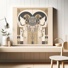 an art deco poster hangs on the wall next to a chair and table with vases