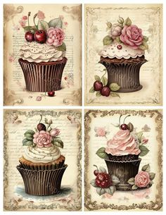 four pictures of cupcakes with roses and cherries on them, all in different designs