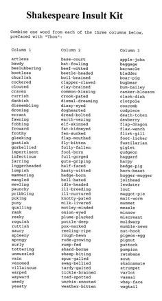 shakespeare's insult kit with the words in english and chinese on it, including numbers