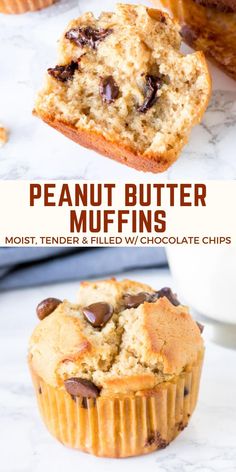 peanut butter muffins with chocolate chips on top and in the middle, next to a glass of milk