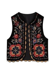 Embroidered Vest, Velvet Vest, Floral Vests, Embroidered Crop Tops, Embroidered Velvet, Chic Shirts, Mode Boho, Short Cardigan, Sleeveless Cardigan