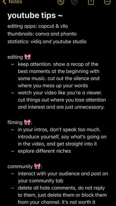 an iphone screen with the text youtube tips and other things to do on it in pink