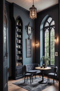 Gothic coffee nook filled with elegant decor and dark tones, perfect inspiration for creating a unique coffee corner. Uses one captivating image. Nook Inspiration, Gothic Cottagecore, Black And Gold Theme, Dark Wood Furniture, Nook Ideas, Coffee Nook, Gothic Design, Gothic Style, Coffee Lovers