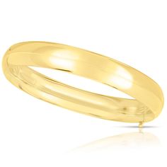 This high polished gold bangle is crafted in 14k yellow gold and is the embodiment of the beauty of gold in its elegance and simplicity.  This piece is one of the most iconic designs in gold jewelry, offering a classic look that will always been in style. The hinged closure adds additional comfort and convenience and makes it easy-on and easy-off. In addition, the piece features a safety tongue that adds extra security to the piece. This bangle is approximately 10mm wide, the perfect width for w Jewelry Bracelets Gold, Gold Bracelets, Sam's Club, Gold Bangle, Gold Gold, Gold Bangles, Bangle Bracelet, Classic Looks, Icon Design