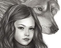 a pencil drawing of a girl and a wolf