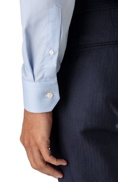 A textured, spread-collar dress shirt is cut from crease-resistant cotton for a slim, modern fit. Permanent collar stays. French placket. Adjustable-button cuffs. Back yoke. 100% cotton. Machine wash, line dry. By Eton; imported. Men's Furnishings. Classic Business Shirt With Cuffed Sleeves, Modern Dress Shirt With Button Cuffs And Fold-down Collar, Office Wear Dress Shirt With Button Closure, Classic Formal Dress Shirt With Cuffed Sleeves, Business Button-up Shirt With Cuffed Sleeves, Modern Business Dress Shirt With Button Closure, Blue Dress Shirt With Placket For Work, Semi-formal Blue Dress Shirt With Button Cuffs, Modern Business Dress Shirt With Button Cuffs