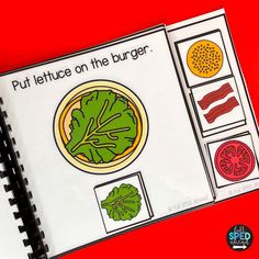 a book with pictures of vegetables and words on the pages that read, put lettuce on the burger