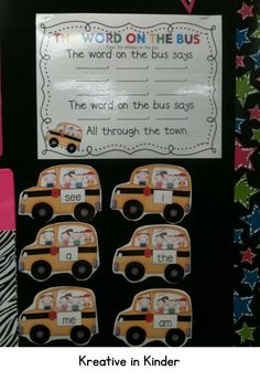 the word on the bus is displayed in front of a bulletin board with different words