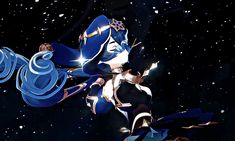 an animated image of a woman flying through the air in front of snow and stars