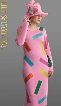 Introducing the Lily and Taylor 627-ROSE Knit Church Dress, a garment that exudes charm and sophistication. This beautifully crafted dress is made from a soft knit fabric that ensures a perfect blend of comfort and style. The tailored fit flatters the figure, making it a great choice for those special events where you want to look and feel your best. The design is highlighted by an array of dazzling sequin embellishments in vibrant colors, each catching the light to create a subtle yet striking shimmer. These playful accents add a contemporary twist to the classic dress, ensuring you stand out in the most elegant way. With a knee-length cut, the Lily and Taylor knit dress is suitable for a variety of occasions, ranging from church services to social gatherings, ensuring a polished look eve Church Dress, Church Suits, Church Dresses, Social Gathering, Classic Dress, Bob Marley, Polished Look, Sleeve Designs, Soft Knits