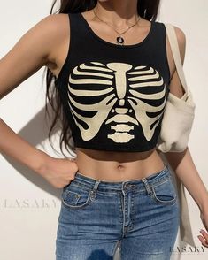 Lasaky - Chic Gothic Skull Print Vest Crop Top with Stylish Navel-revealing Design Gothic Tank Tops, Alt Clothes, Stylish Crop Top, Black Corset Top, Vest Crop Top, Aesthetic Streetwear, Linen Dress Women, Women Overcoat, Cropped Tops