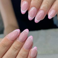 #nails #nailart #naildesign #nailtech #french #frenchnails #frenchies #pink #barbie #birthday Pink And Lilac French Tips, Simple French Tip Nail Ideas, Ballet Pink French Nails, Pink French Tip With White Line, White Pink French Tip Nails, French Tip With Line Under, Short Nail Designs Almond Shape, White And Pink French Tip, Lined French Tip