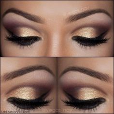 This looks like Hustle and Half Baked from Naked 1. Use Samoa Silk (MAC) for the color just above the plum looking color. Any soft highlight on brow bone. Small Eyelids, Smokey Eyes Tutorial, Gold Eyeliner, Gold Smokey Eye, Gold Eye Makeup, Makeup Tip, Make Up Inspiration, Smokey Eye Tutorial, Gold Eyeshadow