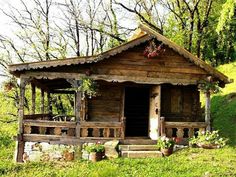 an old log cabin sits in the middle of a grassy area with trees and bushes