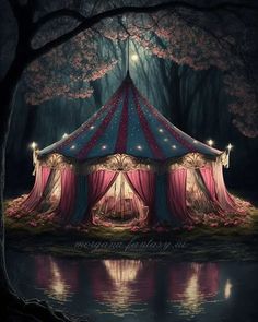 a circus tent sitting in the middle of a forest next to a body of water