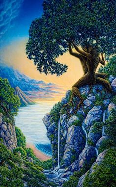 a painting of a tree sitting on top of a cliff next to a body of water