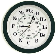 a white clock with black trim and numbers on it's face, labeled in the names of each element