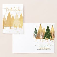 two christmas cards with gold foil on them