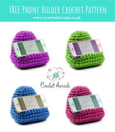 four crocheted cell phones in different colors with text overlay that says free phone holder pattern