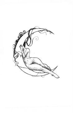 a black and white drawing of a woman laying on the moon with her hair blowing in the wind