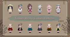 the young retro colored dresses are displayed in this pixel art video game style poster,