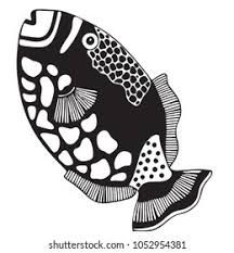 a black and white drawing of a fish with spots on it's body, side view