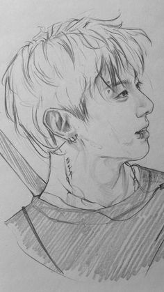 a pencil drawing of a boy with ear piercings on his ears and neck, looking to the side