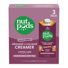 two boxes of nut pods almond and coconut creamer coffee cake