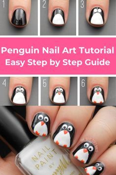 Penguin Nail Art, Diy Christmas Nail Art, Penguin Nails, Christmas Nail Polish, Christmas Nails Diy, Kids Nail Designs, Unghie Sfumate, Unghie Nail Art, Animal Nail Art