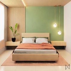 a bed sitting in the middle of a bedroom next to a plant on top of a rug