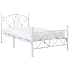 a white metal bed frame with no headboard