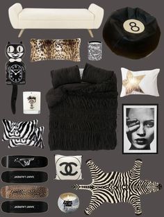 a collage of black and white items including a couch, zebra print pillow, wall clock, pictures, and other accessories