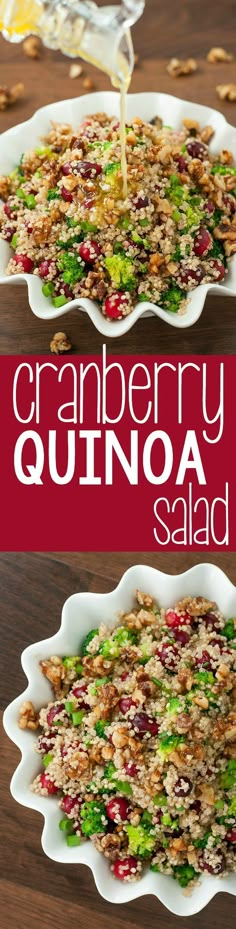 cranberry quinoa salad is being poured into a serving dish