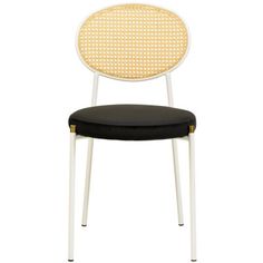 a white and black chair with a round backrest on the seat, against a white background