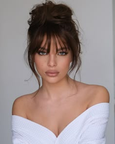 Messy Bun Updo With Bangs, Top Bun With Bangs, Messy Updo With Bangs, Casual Ponytails, High Bun With Bangs, Updos With Bangs, Bangs Updo, Chic Updo, Bangs Ideas