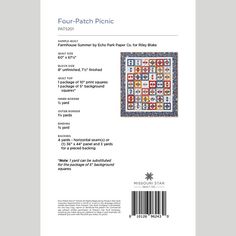 the front cover of four patch picnic quilt pattern, with an image of a square design on