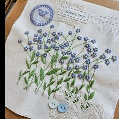 a close up of a piece of cloth with flowers on it and two buttons in the middle